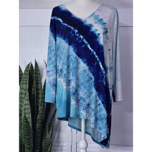 Chico's Blue White Watercolor 3/4 Sleeve Slinky Top Shirt Womens Chico’s 2 Large